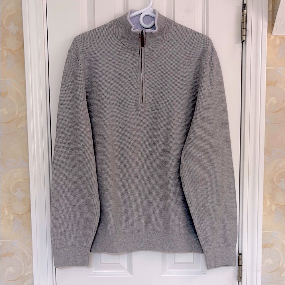 The Men’s Store at Bloomingdale’s Heather Gray Quarter- Zip Cotton Sweater. EUC